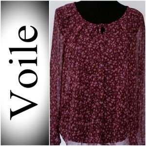 Floral Voile Burgundy & Pink Print Lightweight Top